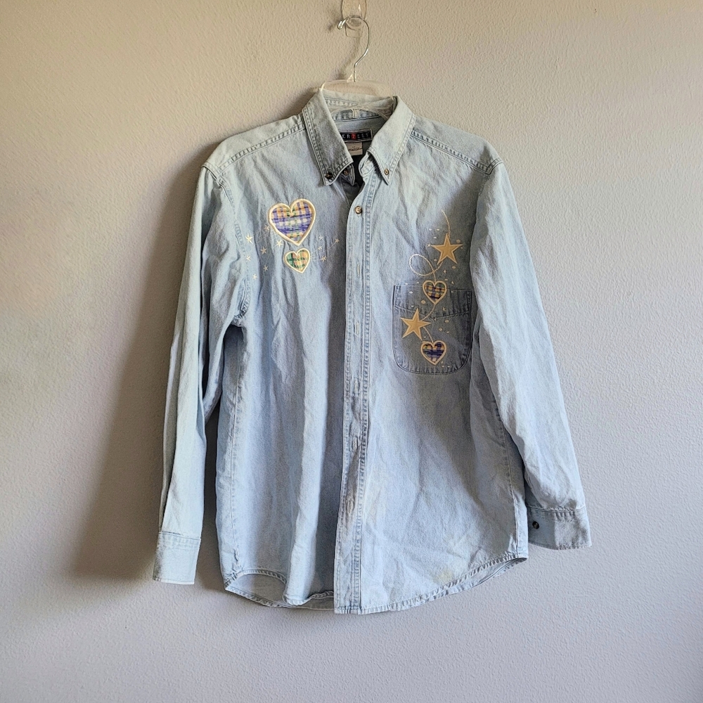 Jerzees Light Blue Denim Embroidered Button Down Top size M